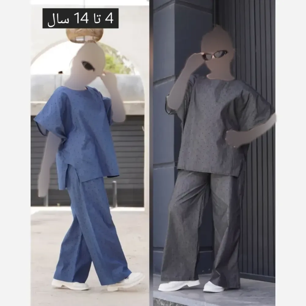 ست کراپ و شلوار جین نگینی دخترانه جنس لی کاغذی خارجی مناسب 4 تا 14 سال