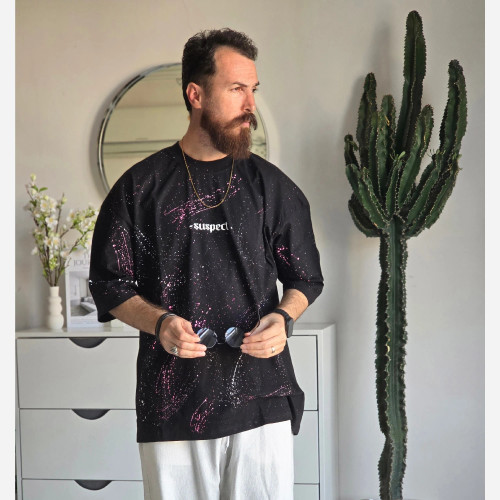 تیشرت مشکی آستین کوتاه پنبهای طرح گل سرخ پشت چاپ سایز بزرگ XXL و XXXL