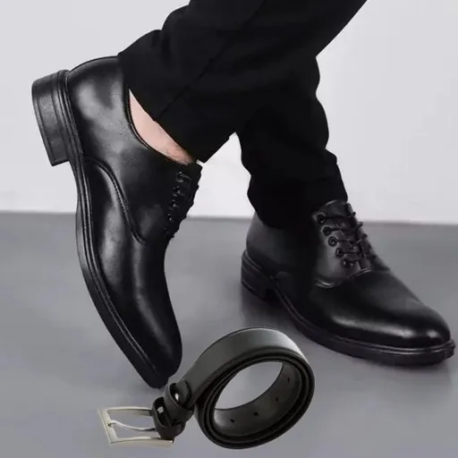 ست کفش مردانه مدل رویال و کمربند چرم صنعتی مشکی