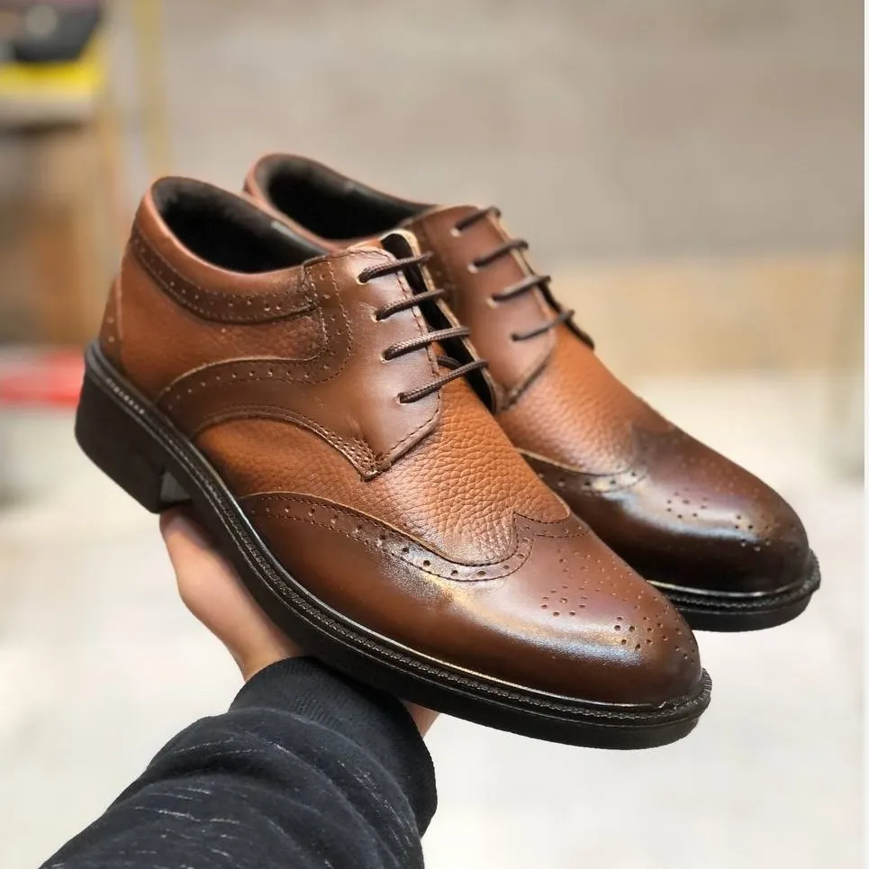 کفش چرم مردانه هشترگ رخشی عسلی رویه چرم طبیعی استر چرم بزی کفی طبی زیره پیو ضمانت دار