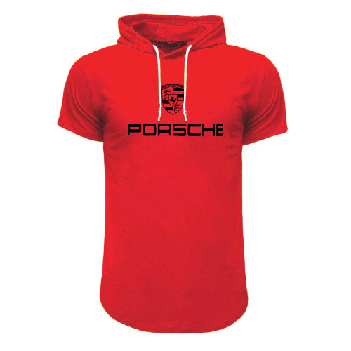 تیشرت کلاه دار مردانه طرح Porsche مدل F8057 مشکی قرمز سفید