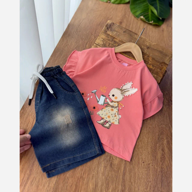 ست تیشرت و شلوارک جین دخترانه طرح دختر مو فرفری مروارید دوزی شده
