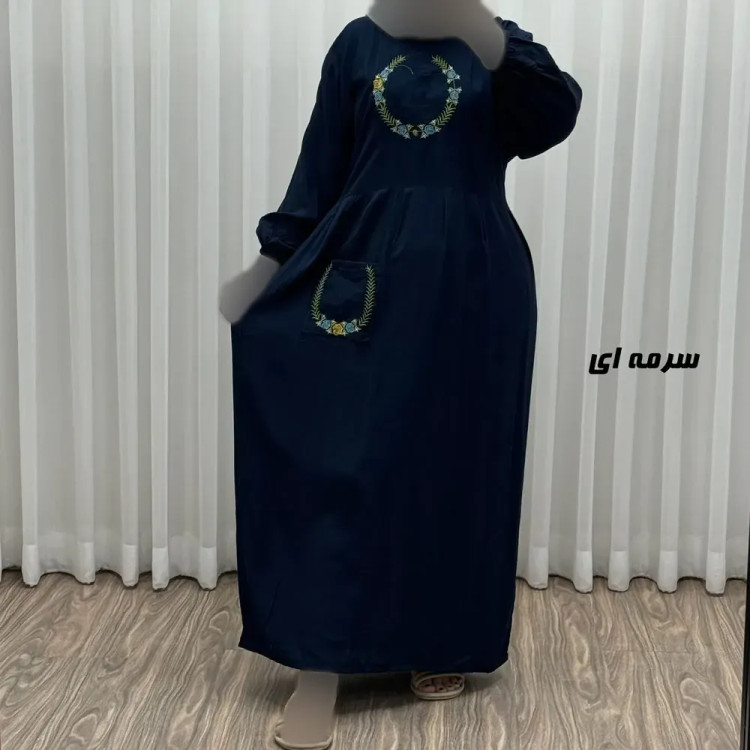 پیراهن نخی گلدوزی زنانه مدل خاطره فری سایز تا 48 با کمربند
