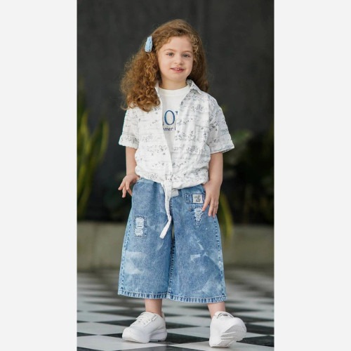 ست 3 تکه دخترانه شومیز و تاپ و شلوارک جین