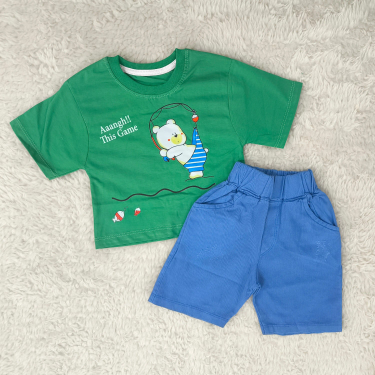 تیشرت شورت نوزادی پسرانه ست تابستانه طرح خرس ماهیگیر جنس پنبه و کتان