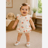 رامپر نوزادی دخترانه طرح توت فرنگی جنس موسلین مناسب 3 ماه تا 2 سال