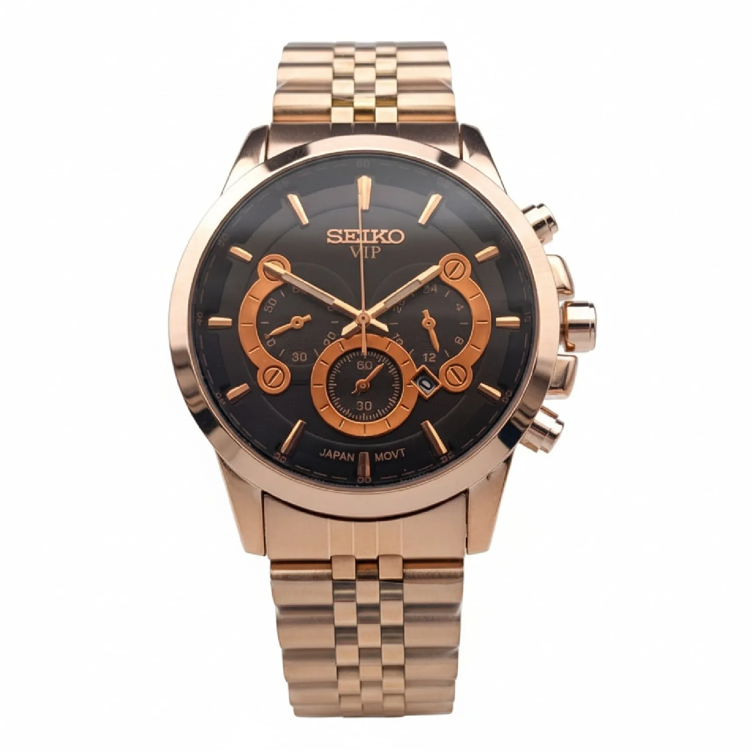 ساعت مچی مردانه سیکو طرح سه موتور صفحه مشکی رزگلد با گارانتی 12 ماهه