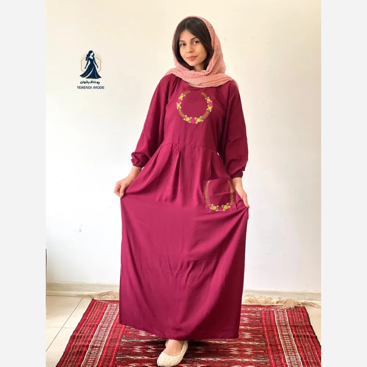 ساحلی گلدوزی تک جیب زنانه جنس نخ ململ رنگ زیتون خنک تابستانه