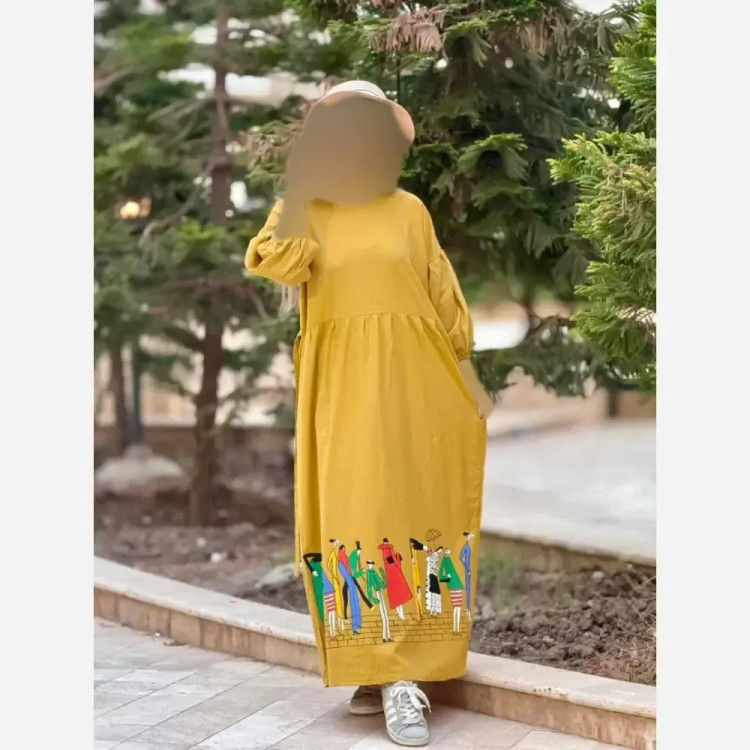پیراهن لینن طرح سرخپوستی فری سایز مدل بلند