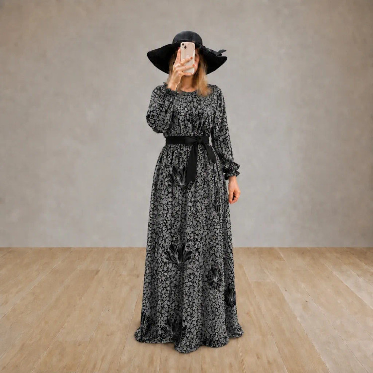 پیراهن بلند زنانه الیزه طرحدار فری سایز قواره آزاد کمربنددار