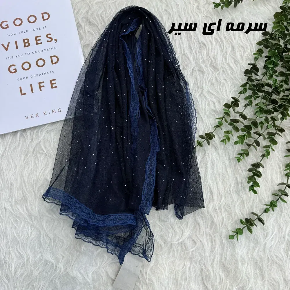 شال توری نگین دار روزمره قواره 180 در 65 سانت مشکی رنگ جنس تور